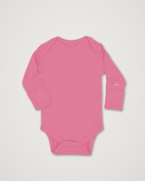 A pink long-sleeve baby bodysuit with a crew neck and snap bottom, laid flat on a light gray background. #color_alpenglow