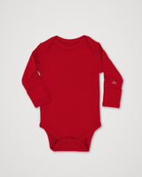 A red long-sleeve baby bodysuit with a small white logo on the left sleeve cuff, laid flat on a light gray background. #color_campfire