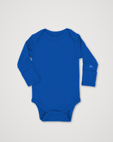 A royal blue long-sleeve baby bodysuit with a small white embroidered logo on the left sleeve cuff, displayed flat against a light gray background. #color_ocean