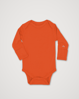 A long-sleeve baby bodysuit in a solid bright orange color, laid flat on a light gray background. A small white embroidered logo is visible on the left sleeve cuff. #color_poppy