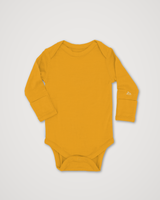 A mustard yellow long-sleeve baby bodysuit with a small white embroidered logo on the left sleeve, displayed flat against a light gray background. #color_yellowstone