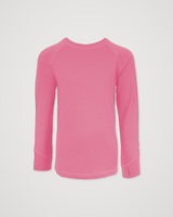 A bright pink long-sleeve iksplor long sleeve shirt with a crew neck, displayed flat against a light gray background. #color_alpenglow
