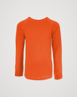 A bright orange long-sleeve iksplor long sleeve shirt with a crew neck, displayed flat against a light gray background. #color_poppy