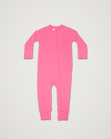 Merino Wool Adventure Zippy baby romper in bright pink, laid flat with front zipper #color_alpenglow