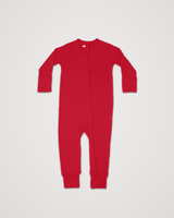 Merino Wool Adventure Zippy baby romper in red, laid flat with front zipper #color_campfire