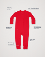 Merino Wool Adventure Zippy romper in red, laid flat with feature callouts: naturally UPF 50, soft on sensitive skin, temperature regulating, handmitts for sun and snow protection, two-way zipper, sized long for growth #color_campfire