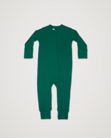 Merino Wool Adventure Zippy baby romper in evergreen green, laid flat with front zipper #color_evergreen