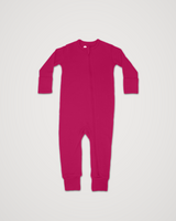 Merino Wool Adventure Zippy baby romper in deep pink, laid flat with front zipper #color_peak pink