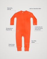Merino Wool Adventure Zippy romper in orange-red, laid flat with feature callouts: naturally UPF 50, soft on sensitive skin, temperature regulating, handmitts for sun and snow protection, two-way zipper, sized long for growth #color_poppy