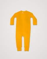 Merino Wool Adventure Zippy baby romper in golden yellow, laid flat with front zipper #color_yellowstone