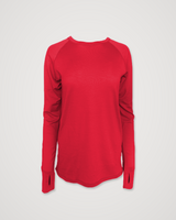 Iksplor red merino wool long sleeve top with raglan sleeves and thumbhole cuffs, laid flat against a light background. #color_campfire