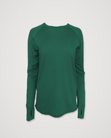 Iksplor pine green merino wool long sleeve top with raglan sleeves and thumbhole cuffs, laid flat against a light background. #color_evergreen