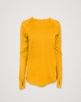 Iksplor golden yellow merino wool long sleeve top with raglan sleeves and thumbhole cuffs, laid flat against a light background. #color_yellowstone