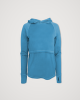 Iksplor blue merino wool nursing sun hoodie, studio product shot on a plain background. #color_blue sky