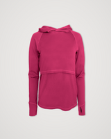 Iksplor vivid pink merino wool nursing sun hoodie, studio product shot on a plain background. #color_peak pink