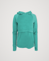 Iksplor teal merino wool nursing sun hoodie, studio product shot on a plain background. #color_tidepool
