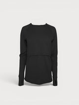 Iksplor black merino wool long sleeve nursing top with thumb holes and discreet access for breastfeeding. #color_teton eclipse - black