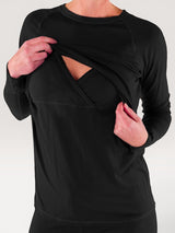 Iksplor black merino wool long sleeve nursing top with discreet access and thumb holes for outdoor activities #color_teton eclipse - black