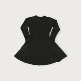 Iksplor kids black merino wool adventure dress with long sleeves and a flared skirt, perfect for active play. #color_teton eclipse - black