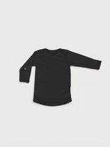 Iksplor black merino wool baby long sleeve shirt with lap shoulders and fold-over hand mitts. . #color_teton eclipse