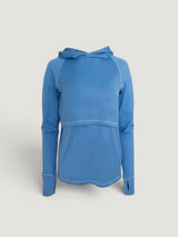 Iksplor blue merino wool nursing sun hoodie with long sleeves, thumb holes, and discreet breastfeeding access. #color_blue sky