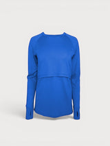 Iksplor blue merino wool nursing long sleeve top with discreet access and thumb holes for outdoor activities. #color_ocean