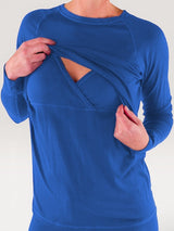 Iksplor blue merino wool long sleeve nursing top with discreet crossover access and thumb holes. #color_ocean
