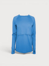 Iksplor blue merino wool long sleeve nursing top with thumb holes and discreet breastfeeding access. #color_blue sky