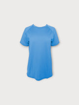 Iksplor blue merino wool t-shirt with short sleeves and a crew neck, designed for breathable temperature regulation. #color_blue sky