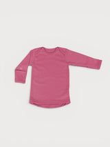 Iksplor baby long sleeve shirt in dusty rose merino wool with lap shoulders and fold-over hand mitts. #color_alpenglow