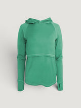 Iksplor green merino wool nursing sun hoodie with long sleeves, thumbholes, and discreet nursing access panel. #color_meadow