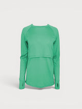 Iksplor green merino wool long sleeve nursing top with thumb holes and discreet breastfeeding access. #color_meadow