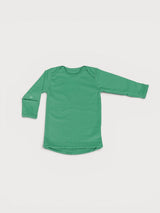 Iksplor green merino wool baby long sleeve shirt with lap shoulders and fold-over hand mitts #color_meadow