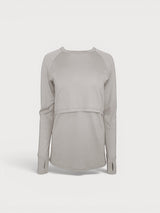 Iksplor grey merino wool long sleeve nursing top with discreet access and thumb holes for outdoor activities. #color_trail dust