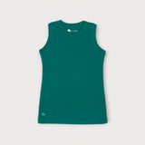 Iksplor kids dark green merino wool sleeveless adventure tank top with a small mountain logo on the hem. #color_evergreen