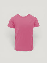 Iksplor pink short-sleeve merino wool t-shirt for kids, featuring a breathable and moisture-wicking design. #color_alpenglow