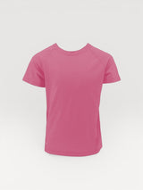 Iksplor pink short-sleeve merino wool t-shirt for kids, featuring a breathable and moisture-wicking design. #color_alpenglow