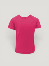 Iksplor kids short-sleeve t-shirt in bright pink merino wool, featuring a comfortable crew neck and raglan sleeves. #color_peak pink
