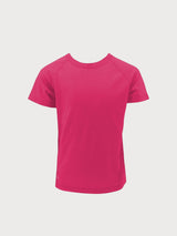 Iksplor kids short-sleeve t-shirt in bright pink merino wool, featuring a comfortable crew neck and raglan sleeves. #color_peak pink