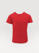Iksplor kids red short-sleeve t-shirt made from soft, breathable merino wool for active outdoor play. #color_campfire