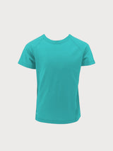 Iksplor kids teal merino wool t-shirt with short sleeves and a comfortable crew neck design for active play. #color_tidepool