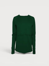 Iksplor dark green merino wool long sleeve nursing top with thumb holes and discreet access for breastfeeding. #color_juniper