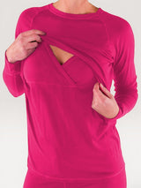 Iksplor fuchsia merino wool long sleeve nursing top with discreet chest access and thumb holes for outdoor activity #color_peak pink