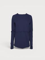 Iksplor navy blue merino wool long sleeve nursing top with thumb holes and discreet breastfeeding access. #color_starry night