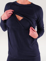 Iksplor navy blue merino wool long sleeve nursing top with discreet crossover access and thumb holes. #color_starry night