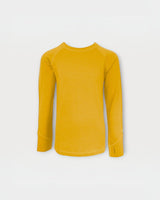 Iksplor kids mustard yellow long sleeve merino wool base layer top with thumbholes  #color_yellowstone