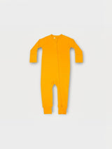 Iksplor mustard yellow merino wool infant zip romper with long sleeves and full-length front zipper closure. #color_yellowstone