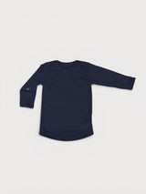 Iksplor navy blue baby long sleeve merino wool shirt with lap shoulders and fold-over hand mitts #color_starry night