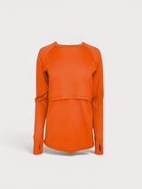 Iksplor orange merino wool long sleeve nursing top with thumb holes and discreet breastfeeding access #color_poppy