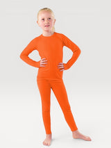Child wearing bright orange Iksplor merino wool long sleeve top and matching leggings for base layer comfort. #color_poppy